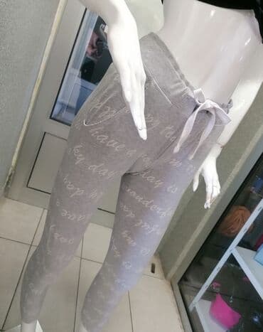elegantne pantalone sa visokim strukom: M (EU 38), Pamuk, bоја - Siva, Sa ilustracijom — 4