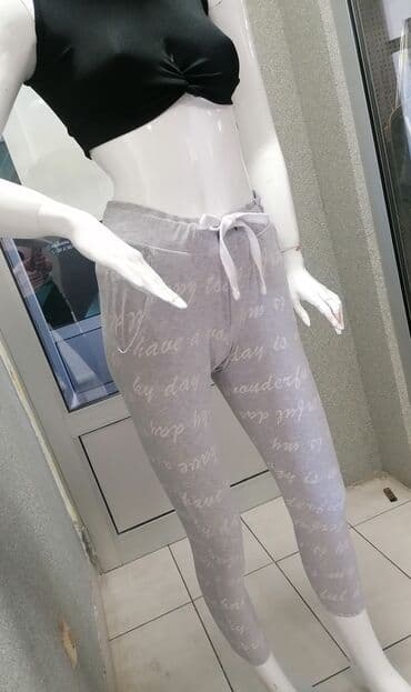 elegantne pantalone sa visokim strukom: M (EU 38), Pamuk, bоја - Siva, Sa ilustracijom — 2