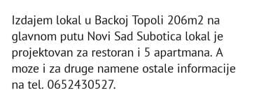 Magacini i radionice: Izdaje se poslovni prostor u Bačkoj Topoli, površine 206m2. Lokal se — 1