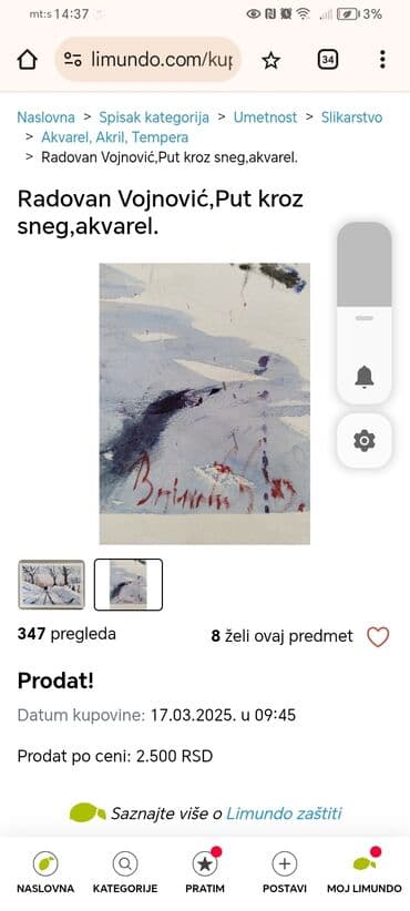 Sport i hobi: Slika, akvarel, Zima, Vojinović, 1983, neuramljena, 50x35 cm — 2