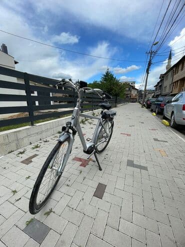 bicikli sa prednjim i zadnjim amortizerima: Električni bicikl u srebrnoj boji. Poseduje crno sedište i bateriju — 8